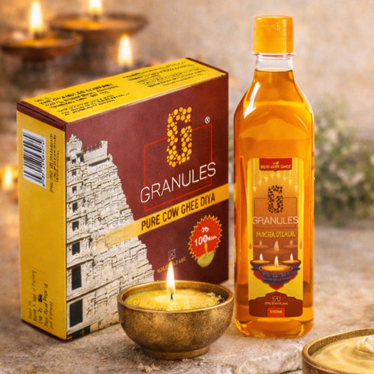 The Granules Daily Pooja Ritual Combo – Diya Oil + Ghee Diya Batti