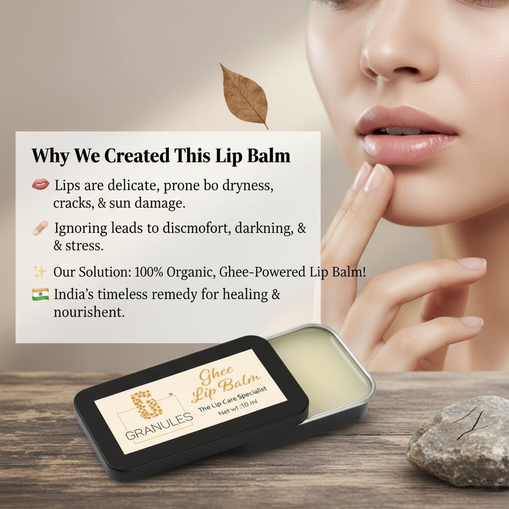 Deep hydration for dry lips
Helps soften rough and chapped lips
Natural nourishment with desi ghee
Supports smooth and healthy lips
Daily moisture protection for lips
Gentle care for sensitive lips
Helps reduce dryness and cracking
Traditional Ayurvedic lip care benefits
Keeps lips soft and moisturized
Natural lip repair and nourishment
Provides long lasting lip hydration
Comforting care for everyday lip health
Helps maintain healthy looking lips
Rich moisture with natural ingredients
Clean beauty care insp